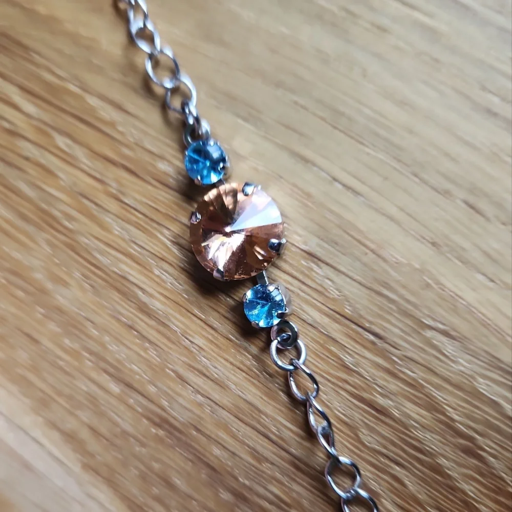 Blue & Orange Crystal Silver Chain Bracelet | Handmade